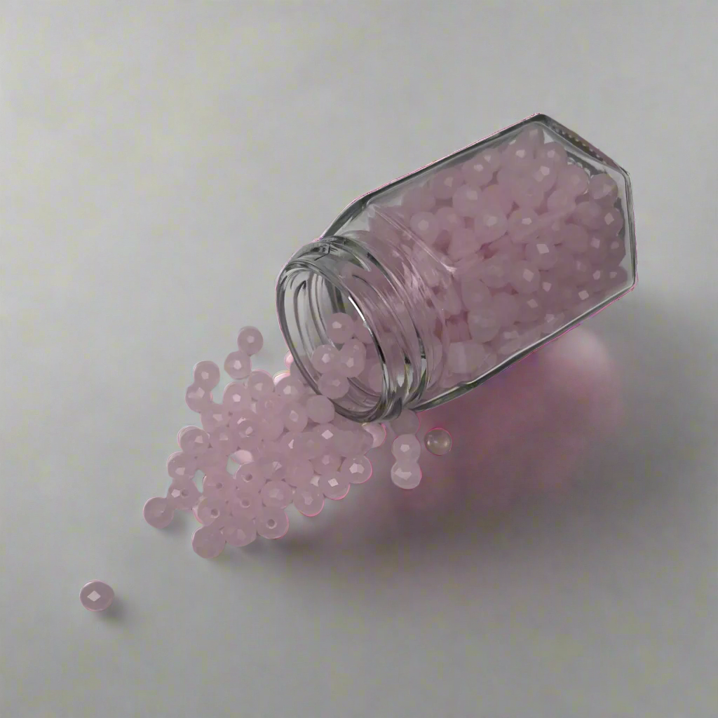 Glass jar with pink beads spilling out on a light background