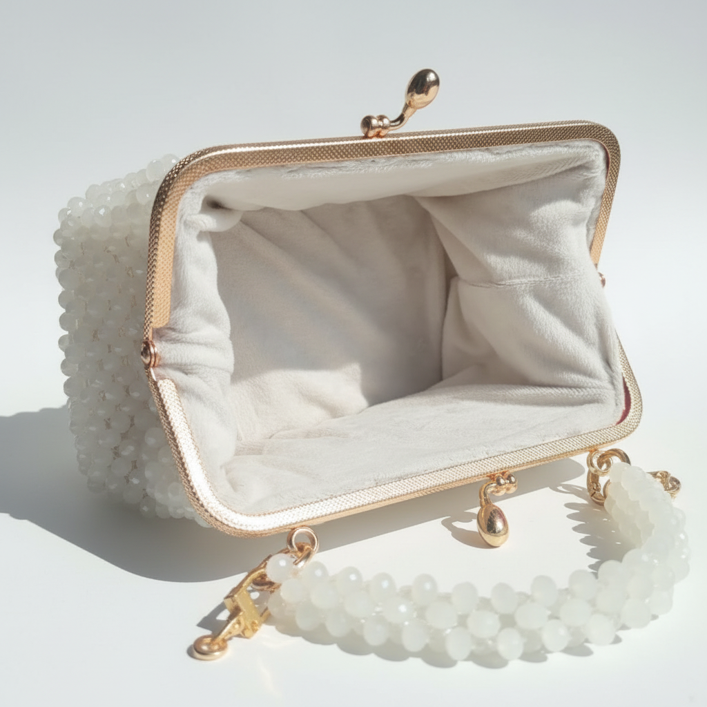 White handbag with gold accents on a white surface