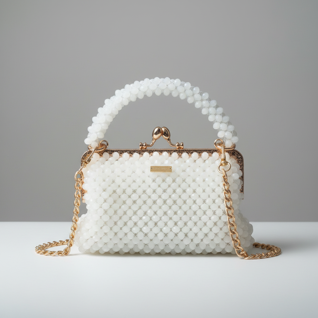 White beaded handbag with gold chain handle and clasp on a white background